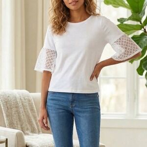 Draper James Womens Cottagecore Eyelet Top Size S White Lace Bell Sleeve Preppy